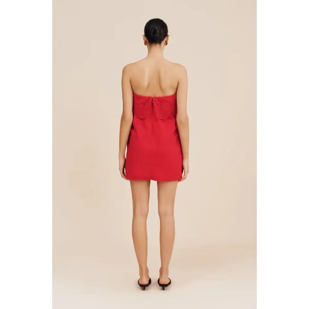 NWT POSSE Beryl Strapless Mini Dress Pockets Ruby Red Cotton Eyelet Lined L - Picture 2 of 12